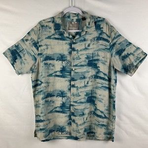 Jimmy Buffet Margaritaville Men's XL Silk Linen Blue Lighthouse Camp Shirt